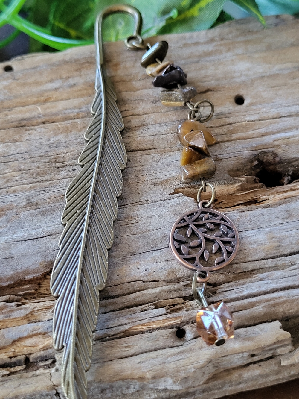 Boho Feather Bookmark with Brown Tiger Eye Beads and Tree of Life Charm